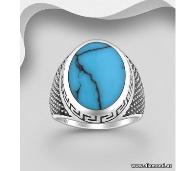 925 Sterling Silver Oxidized Ring, Decorated with Reconstructed Sky Blue Turquoise