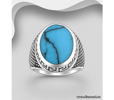 Şəkli böyütmək üçün tiklayın 925 Sterling Silver Oxidized Ring, Decorated with Reconstructed Sky Blue Turquoise