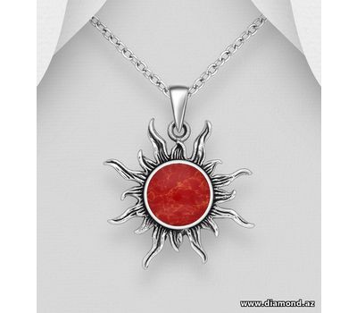 925 Sterling Silver Oxidized Sun Pendant, Decorated with Resin