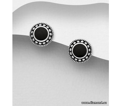 925 Sterling Silver Oxidized Push-Back Earrings, Decorated with Reconstructed Stone or Resin