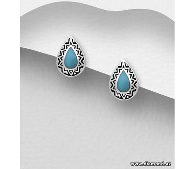 925 Sterling Silver Oxidized Droplet Push-Back Earrings, Decorated with Resin