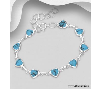 925 Sterling Silver Heart Bracelet, Decorated with Reconstructed Stone or Resin