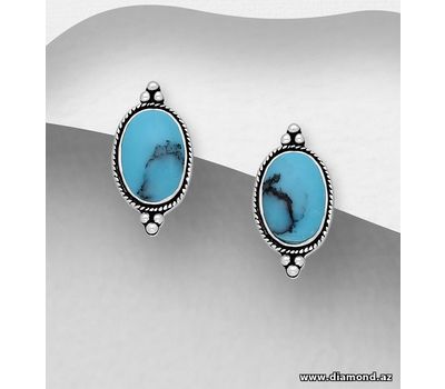 925 Sterling Silver Oxidized Push-Back Earrings, Decorated with Reconstructed Turquoise or Resin
