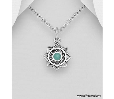 925 Sterling Silver Oxidized Lotus Pendant, Decorated with Resin