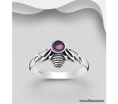 925 Sterling Silver Oxidized Bee Ring, Decorated with Gemstones