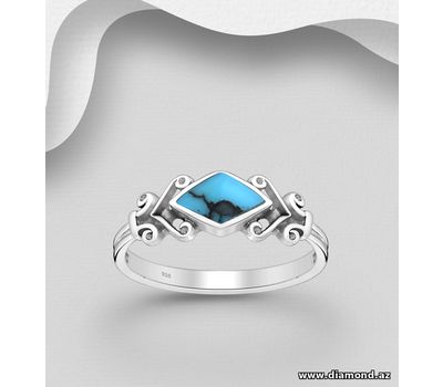 925 Sterling Silver Oxidized Rhombus Ring, Decorated With Reconstructed Sky Blue Turquoise