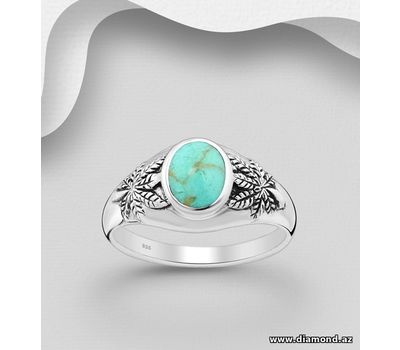 925 Sterling Silver Oxidized Leaf Ring, Decorated with Reconstructed Turquoise