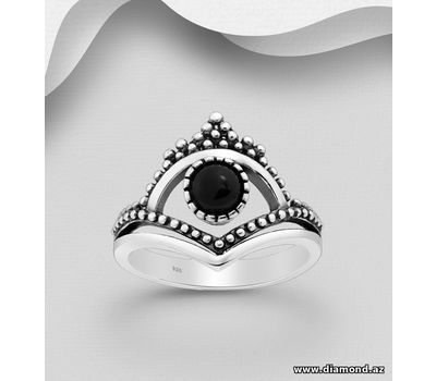 925 Sterling Silver Oxidized Chevron Ring, Decorated with Various Gemstones or Reconstructed Stone