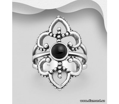 925 Sterling Silver Oxidized Ring, Decorated with Reconstructed Turquoise or Various Gemstones