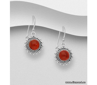 925 Sterling Silver Oxidized Hook Earrings, Decorated with Orange Agate