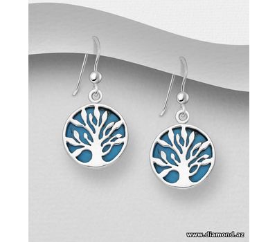 925 Sterling Silver Tree of Life Hook Earrings, Decorated with Reconstructed Stone or Resin