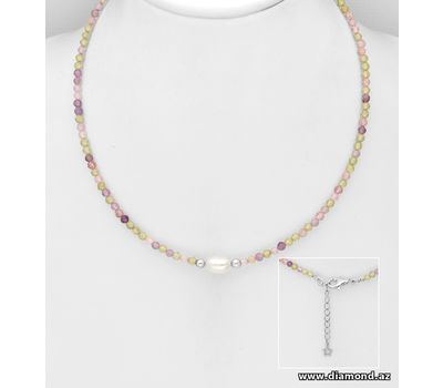 925 Sterling Silver Necklace Beaded with Gemstones Beads and Freshwater Pearl