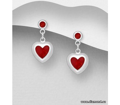 925 Sterling Silver Heart Push-Back Earrings, Decorated with Resin