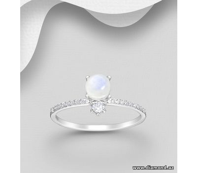925 Sterling Silver Ring, Decorated with CZ Simulated Diamonds and Rainbow Moonstone