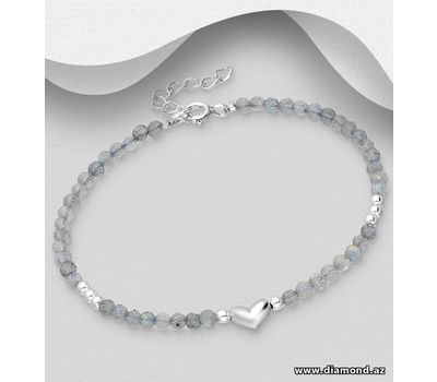 925 Sterling Silver Adjustable Heart Bracelet, Decorated with Gemstone Beads