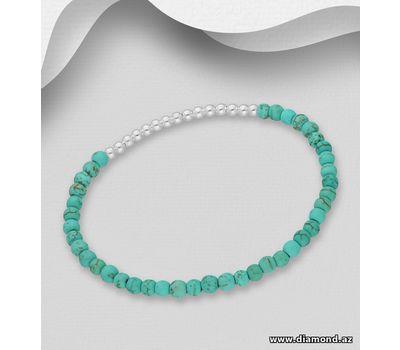 925 Sterling Silver Elastic Bracelet, Decorated with Reconstructed Light Green Turquoise