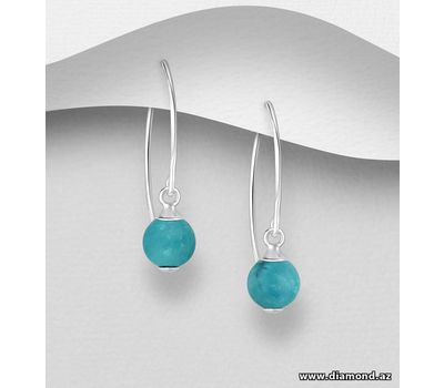925 Sterling Silver Hook Earrings, Beaded with Reconstructed Light Green Turquoise or Aventurine