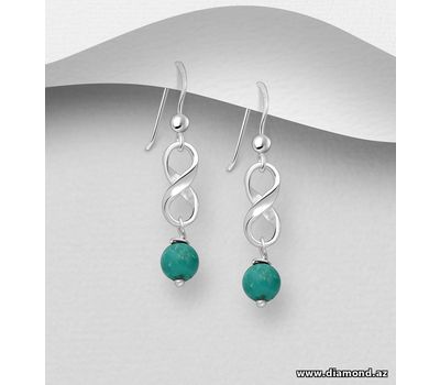 925 Sterling Silver Infinity Hook Earrings, Beaded with Reconstructed Light Green Turquoise