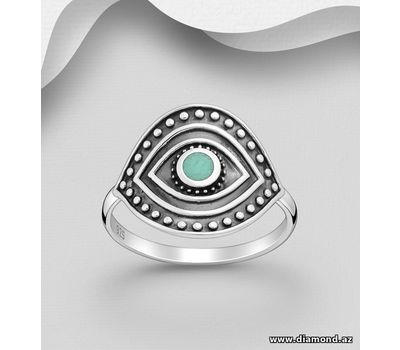 925 Sterling Silver Oxidized Eye Ring, Decorated with Reconstructed Light Green Turquoise