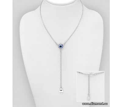 925 Sterling Silver Y-Drop Necklace Featuring Evil Eye and Hamsa, Decorated with CZ Simulated Diamonds and Resin