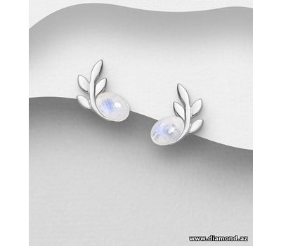925 Sterling Silver Leaf Push-Back Earrings, Decorated with Rainbow Moonstone