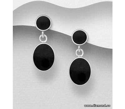 925 Sterling Silver Circle and Oval Push-Back Earrings, Decorated with Resin