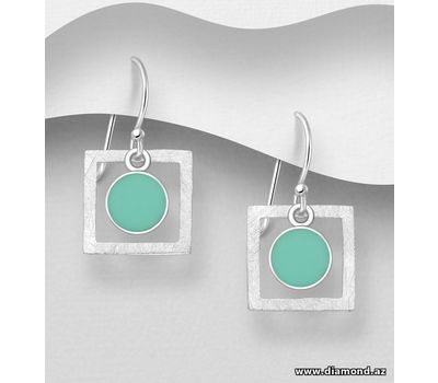 925 Sterling Silver Matt Circle and Square Hook Earrings Decorated With Resin
