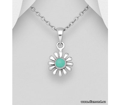 925 Sterling Silver Flower Pendant, Decorated with Reconstructed Stone