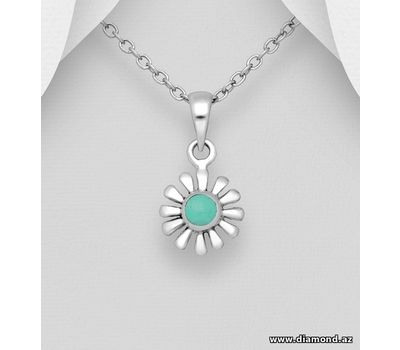 Şəkli böyütmək üçün tiklayın 925 Sterling Silver Flower Pendant, Decorated with Reconstructed Stone