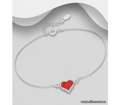 925 Sterling Silver Heart Bracelet, Decorated with Reconstructed Stone or Resin