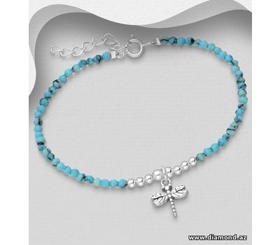925 Sterling Silver Dragonfly Bracelet, Beaded with Reconstructed Sky Blue Turquoise