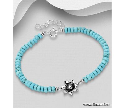 Şəkli böyütmək üçün tiklayın 925 Sterling Silver Oxidized Flower Bracelet, Beaded with Gemstone Beads
