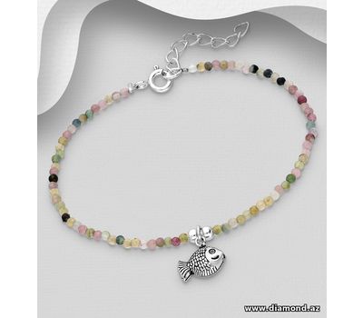925 Sterling Silver Bracelet, Featuring Fish Cham, Beaded with Tourmaline