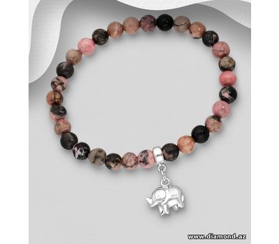 925 Sterling Silver Elephant Elastic Bracelet, Beaded with Various Gemstones