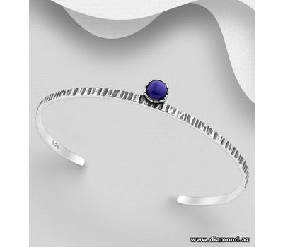 925 Sterling Silver Oxidized Cuff Decorated with Lapis Lazuli