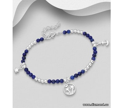 925 Sterling Silver Ball Bracelet, Featuring Anchor, Coconut Tree and Star Charm, Beaded with Lapis Lazuli