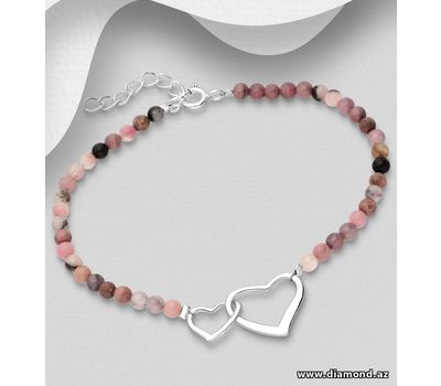 Malın səhifəsinə keç 925 Sterling Silver Heart Bracelet, Beaded with Rhodonite