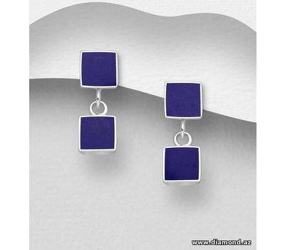 925 Sterling Silver Square Push-Back Earrings, Decorated with Resin