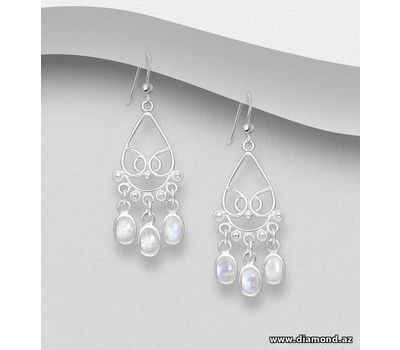 925 Sterling Silver Hook Earrings, Decorated with Rainbow Moonstone