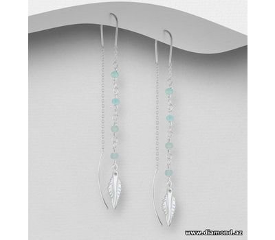 925 Sterling Silver Feather Threader Earrings Beaded with Amazonite and Shell