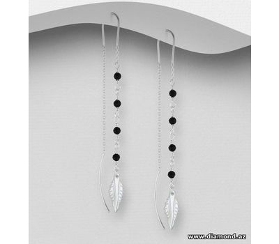 925 Sterling Silver Feather Threader Earrings Beaded with Black Agate and Shell