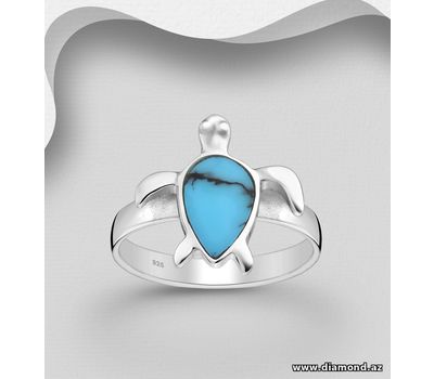 925 Sterling Silver Turtle Ring, Decorated with Reconstructed Sky Blue Turquoise