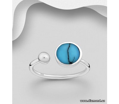 925 Sterling Silver Adjustable Ring Featuring Circle and Ball, Decorated with Reconstructed Sky Blue Turquoise