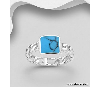 925 Sterling Silver Chain Link Ring, Decorated with Reconstructed Sky Blue Turquoise