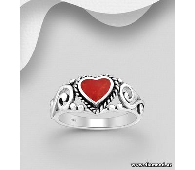 925 Sterling Silver Oxidized Heart Ring, Featuring Swirl Design, Decorated with Resin