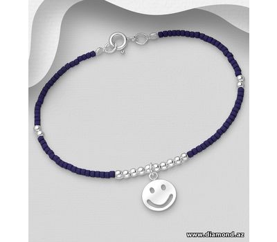 925 Sterling Silver Smiley Bracelet, Beaded with Dyed Howlite