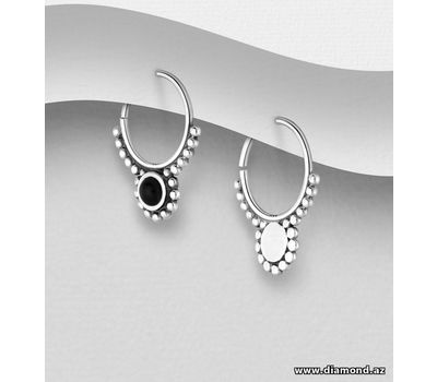 925 Sterling Silver Oxidized Hoop Earrings, Decorated with Reconstructed Stone or Resin