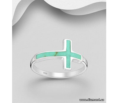 925 Sterling Silver Cross Ring, Decorated with Reconstructed Turquoise and Resin