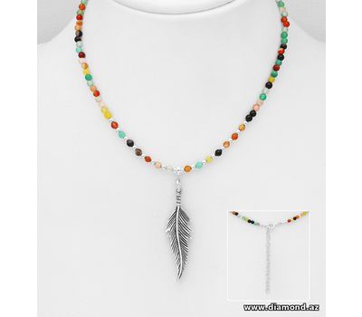 925 Sterling Silver Feather Necklace, Beaded with Reconstructed Light Green Turquoise and Various Gemstones. Bead Colors may Vary.