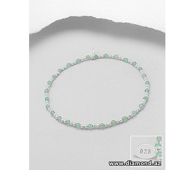 925 Sterling Silver Elastic Bracelet, Beaded with Jade (Dyed Green) or Onyx